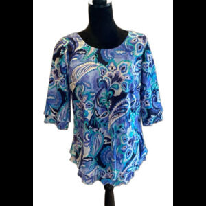 Soft Surroundings Blouse Sz ? Medium Top Blue Ruffled Edge Sleeve & V Hemline